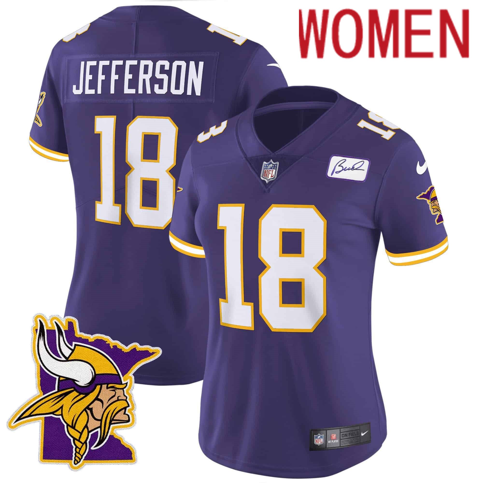 Women Minnesota Vikings 18 Jefferson Purple 2024 Nike Patch Classic Limited NFL Jersey style 1